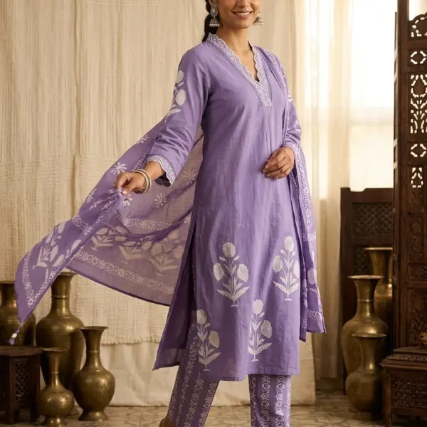 Tussar Silk & Cotton Unstitched Suit Set with Block-Printed Chevron and Floral Accents
