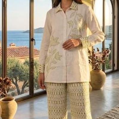 Ivory And Olive Embroidered Leaf Khadi Cotton Co-ord Set