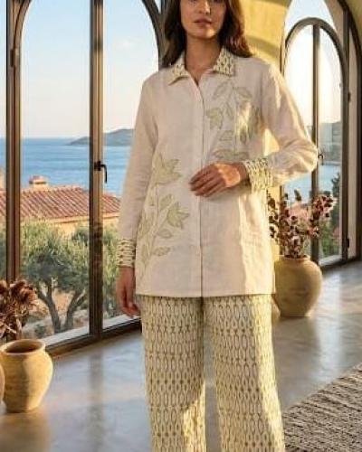 Ivory And Olive Embroidered Leaf Khadi Cotton Co-ord Set