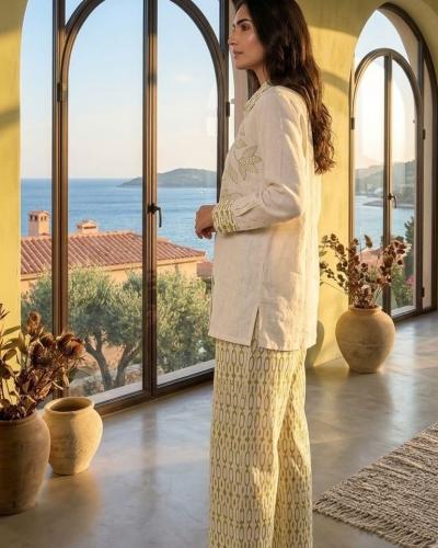 Ivory And Olive Embroidered Leaf Khadi Cotton Co-ord Set