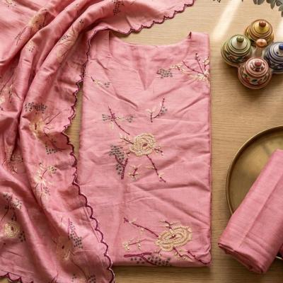 Rose Blush Hand-Embroided Muslin silk With Scalloped Dhupatta