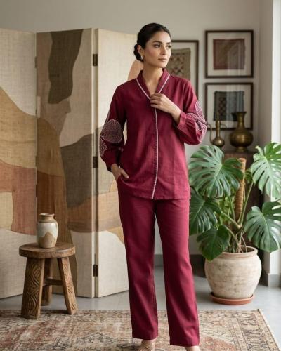 Coat Collar Thread Work Co-ord Set
