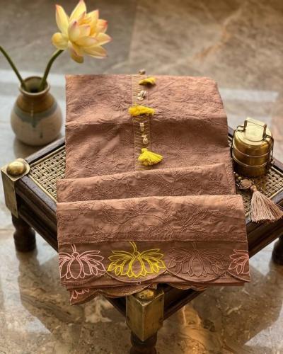 Earthy Brown Mul Chanderi Thread Work Suit