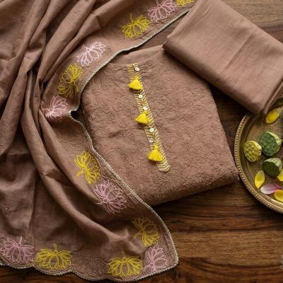 Earthy Brown Mul Chanderi Thread Work Suit