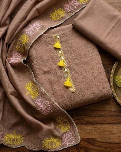 Earthy Brown Mul Chanderi Thread Work Suit