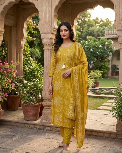 Pearl Work Neck Printed Cotton Suit