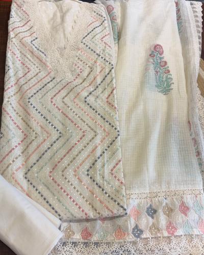 Ivory Zig-Zag Sequin Embroidered Suit With Kota Doria Dhuppta