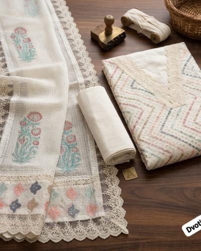 Ivory Zig-Zag Sequin Embroidered Suit With Kota Doria Dhuppta