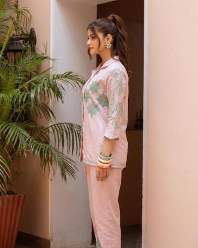 Blush Pink Coat Collar Embroidered Cotton Co-ord Set