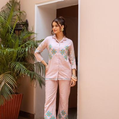 Blush Pink Coat Collar Embroidered Cotton Co-ord Set