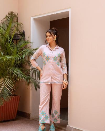 Blush Pink Coat Collar Embroidered Cotton Co-ord Set