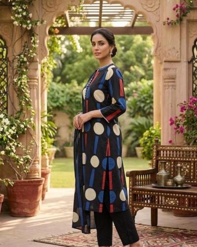 Midnight Black Geometric Polka Dot Printed Kurta Set Wiyh Dhupatta
