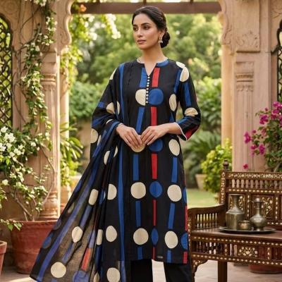 Midnight Black Geometric Polka Dot Printed Kurta Set Wiyh Dhupatta