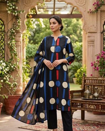 Midnight Black Geometric Polka Dot Printed Kurta Set Wiyh Dhupatta
