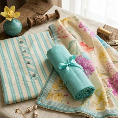 Aqua Stripe & Floral Mul Linen Suit