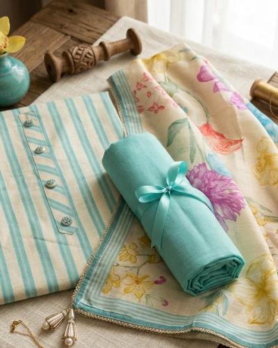 Aqua Stripe & Floral Mul Linen Suit