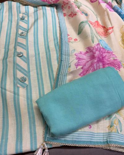 Aqua Stripe & Floral Mul Linen Suit