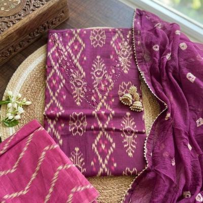 Ikat-Cotton-Embroidered Neck Unstitched Suit
