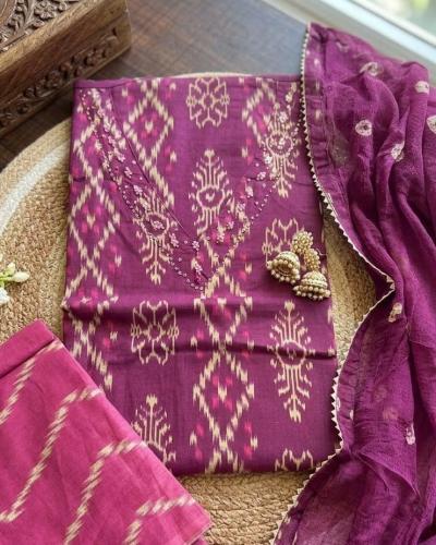 Ikat-Cotton-Embroidered Neck Unstitched Suit